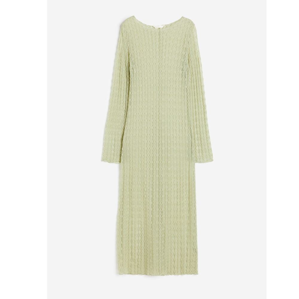 H&M Fitted Lace Light Green Maxi Dress Sheer Long Sleeve Beach Size Medium